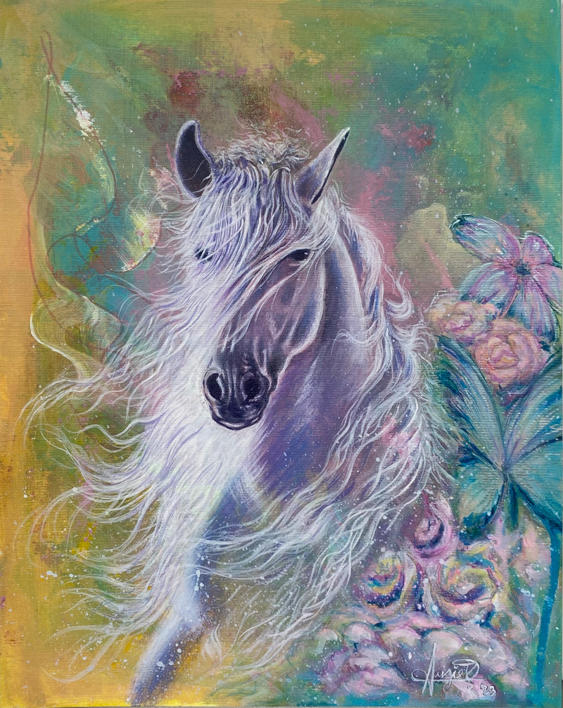 Painting of a horse with floral elements on a colorful background