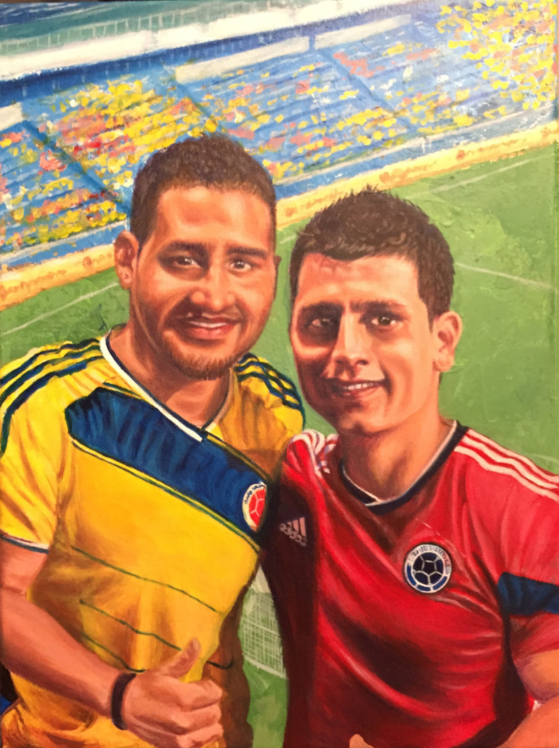 Two soccer players in red and yellow jerseys on a colorful background