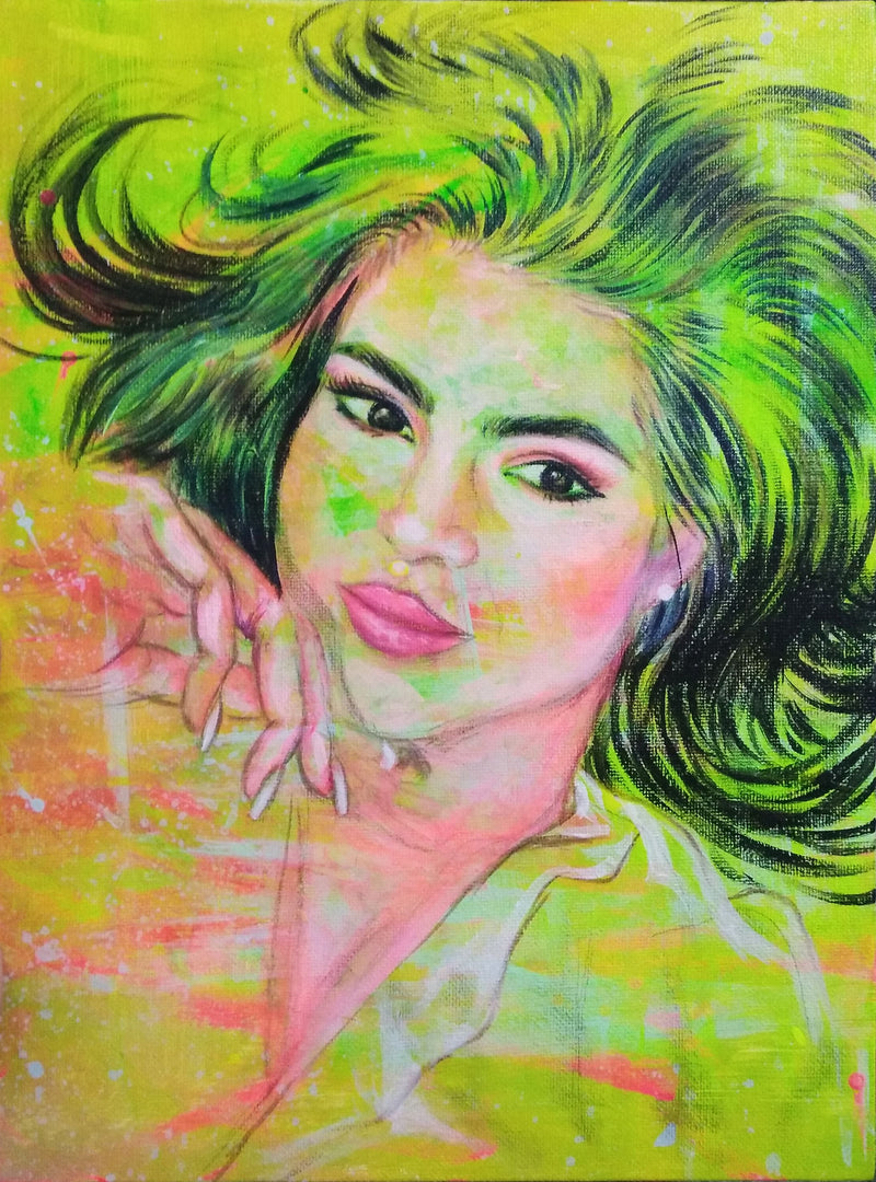 Colorful portrait of a woman with vibrant green hair on a yellow background