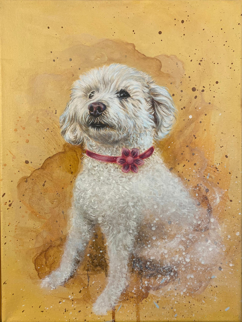Painting of a white dog with a red collar on a textured yellow background
