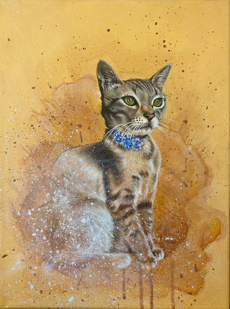 Painting of a cat with a blue collar on a textured gold background