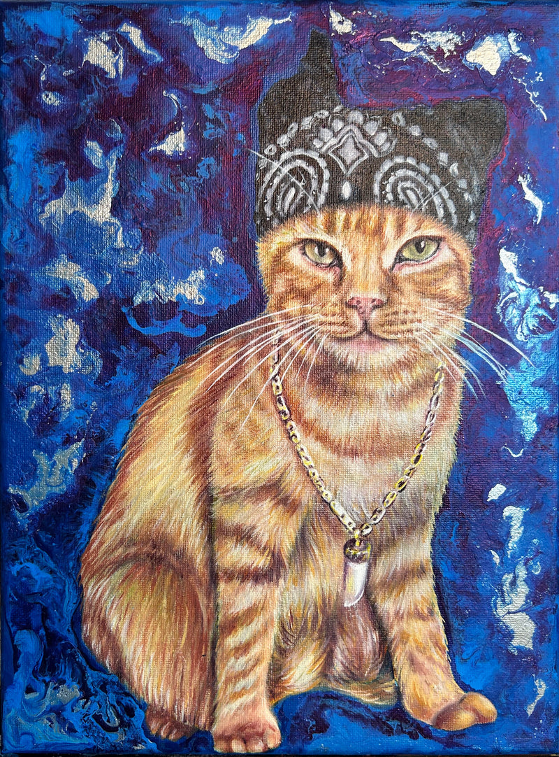 Painting of a cat with a chain on a blue background
